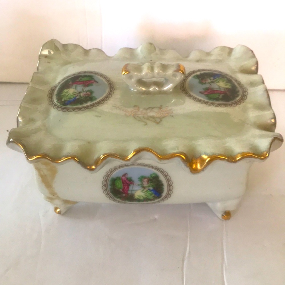 Vintage dish & Lid with buttons and pins